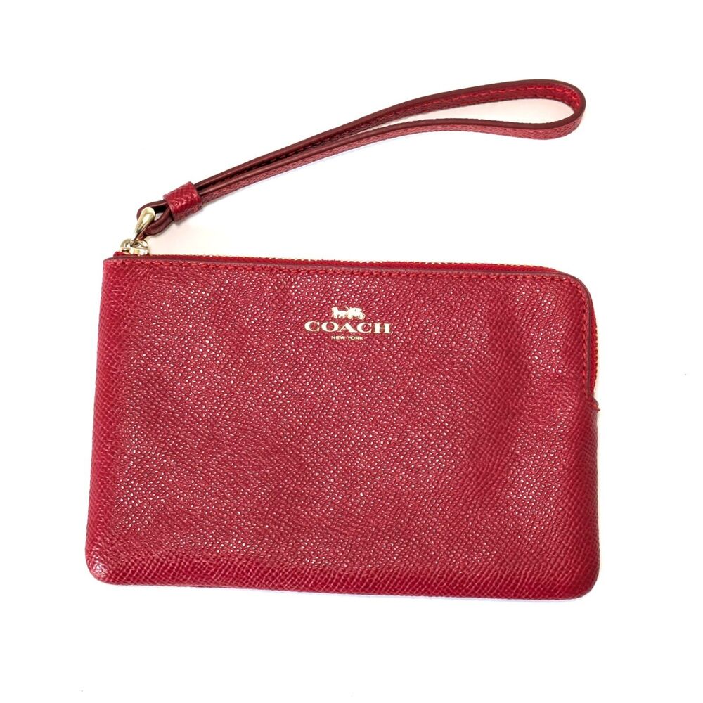 COACH Red Crossgrain Leather Small Wristlet Corner Zip Pouch Card Slots F58032